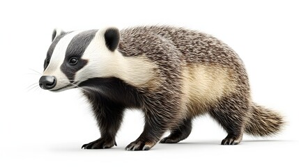 Obraz premium A Young European Badger Stands Against A White Background