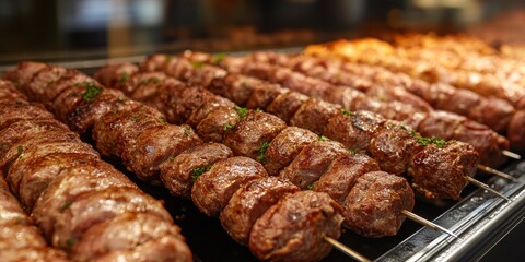 Freshly prepared kebab on skewers displayed in a shop. Close up of traditional raw kebab in a shop window, ready for sale. High quality kebab showcased in the butchers goods selection.
