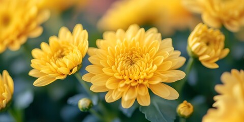 Fototapeta premium Close up of vibrant yellow chrysanthemum flowers blooming beautifully in a flowerbed, showcasing the intricate details of the yellow chrysanthemum petals in a stunning natural setting.