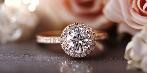 Fototapeta premium Elegant gold engagement ring featuring sparkling white diamonds, showcasing a timeless design perfect for symbolizing love and commitment, with white diamonds enhancing its beauty and allure.