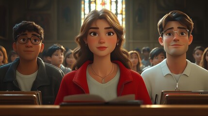 Three young adults sit attentively in a church pew.