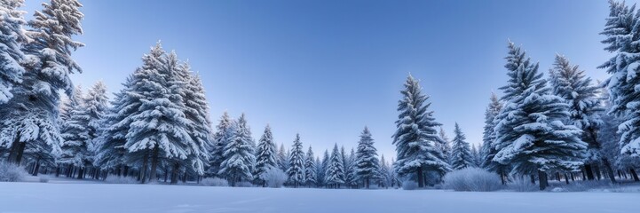 Tranquil Winter Landscape with Snow-Covered Pine Trees Under Clear Blue Sky in a Serene Natural Setting Ideal for Landscape and Nature Photography