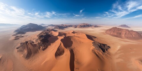 Stunning aerial panoramic view showcasing expansive desert and sandy dunes. This beautiful natural background highlights the captivating beauty of sandy landscapes. Create with this aerial view in