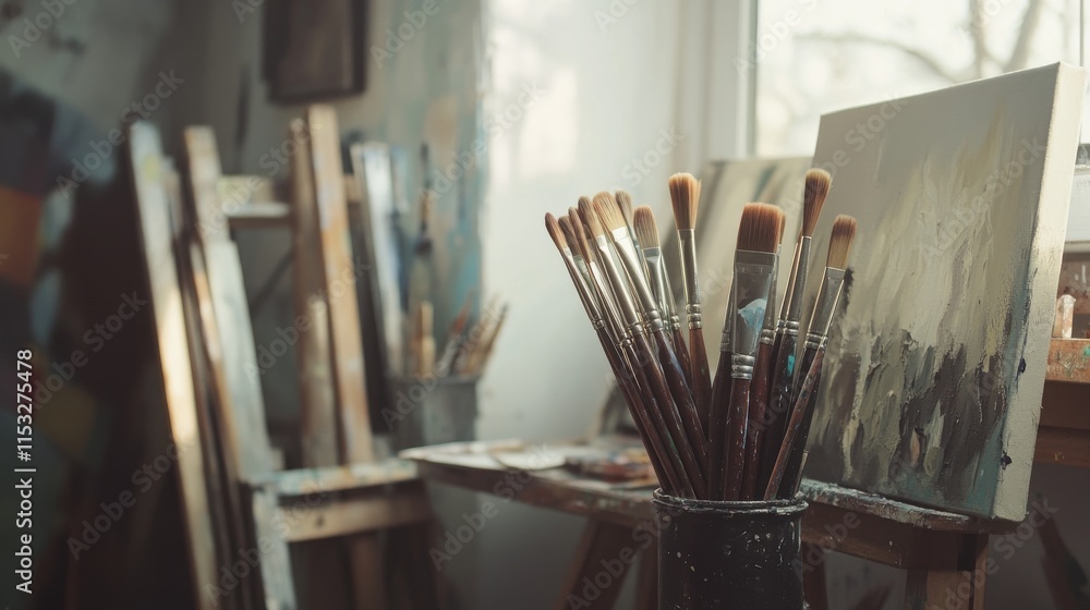 Poster a serene painting workshop in a cozy art studio, paintbrushes and canvases arranged creatively, arti