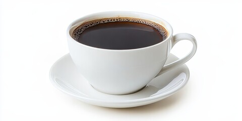 Black hot coffee served in a white ceramic cup, beautifully isolated against a white background. Enjoy the rich, robust flavor of black hot coffee for an ideal beverage experience.