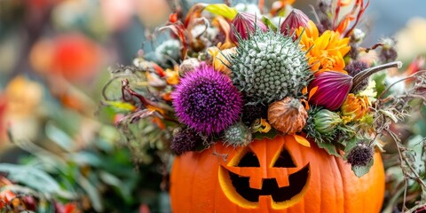 Close up view of a charming autumn thistles arrangement featuring flowers and plants nestled in a bright orange pumpkin with a carved face. This beautiful thistles floral decor is perfect for