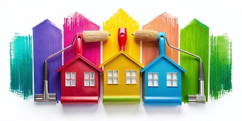 Painting Services Logo: House Silhouettes, Roller Brush, Artistic Design