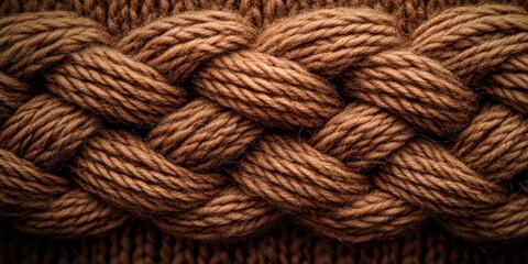 Close up macro shot of knitted wool yarn against a brown background, showcasing the texture and detail of machine knitting wool yarn for crafting and textile projects.