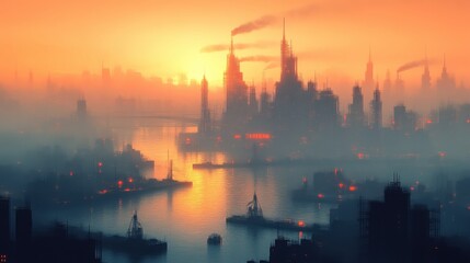 Naklejka premium Misty sunrise over a futuristic city harbor.