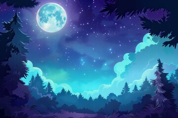 Obraz premium A Silhouetted Forest Beneath a Full Moon and Starry Sky