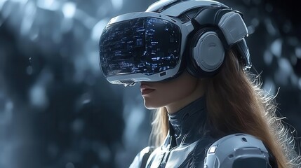 Woman in futuristic VR headset.
