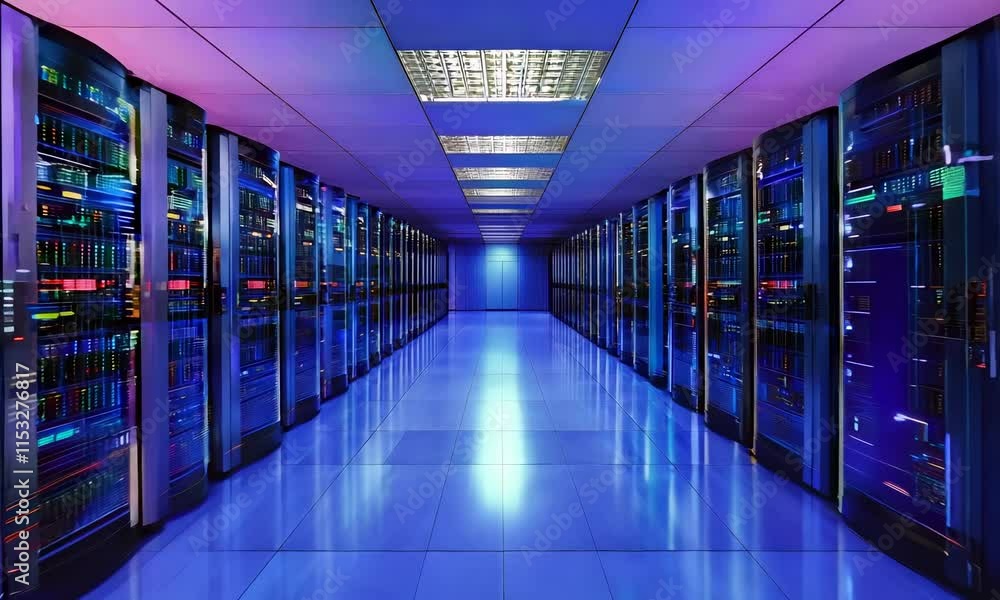 Poster a futuristic data center with rows of servers illuminated by blue and purple lights. the floor is gl