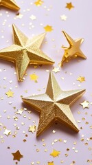 Obraz premium Festive Golden Star Confetti on Soft Purple: Abstract Celebration Background. Shimmering Foil Elements Create Joyous Atmosphere with Central Space for Text. AI-Generated Design for Banners, Flyers, an