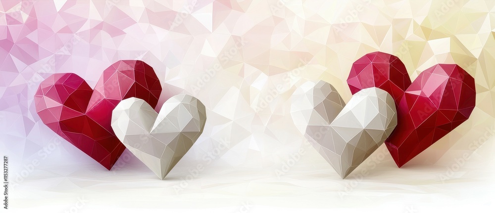 Poster beautiful polygonal hearts in various colors on a soft abstract background