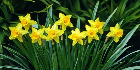 Fototapeta premium Vibrant yellow narcissus blooms accompanied by lush green leaves, creating a stunning display of yellow and green in nature. This yellow narcissus showcases its beauty against the greenery.