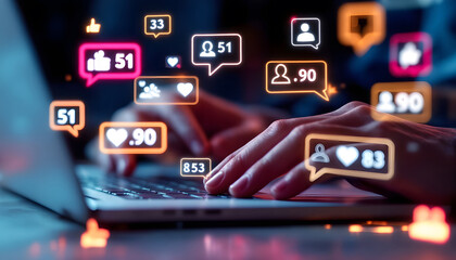 Social Media Engagement on Laptop, Typing on Laptop with Social Media Icons, Online Interaction and Social Media Notifications