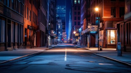 Fototapeta premium A quiet alley in the city center bathed in soft, glowing light from storefronts. The empty street, deep blue tones, and illuminated windows create a peaceful yet mysterious urban atmosphere.. AI