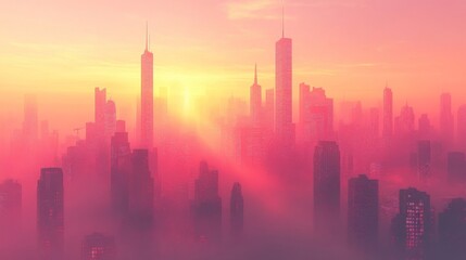 Fototapeta premium Sunrise Cityscape Misty Skyline Towers Emerging