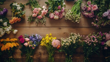Fototapeta premium Colorful Floral Bouquets Arranged on Rustic Wooden Background