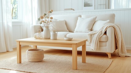 A minimalist Scandinavian living room featuring a neutral palette, a cozy sofa, natural wood accents, and soft decorative elements, bathed in natural light