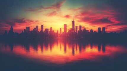 Fototapeta premium City Skyline Silhouette At Sunset Over Water