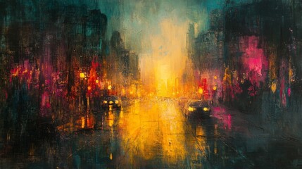 City Street Night Scene Impressionistic Painting