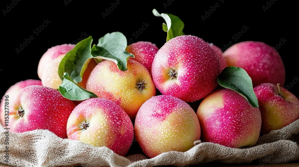 Poster fresh red apples with water droplets on a dark background in a textured setting