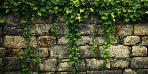 Crumbling stone wall adorned with lush vines creates a captivating visual. The textured crumbling stone wall contrasts beautifully with vibrant vines, showcasing nature s resilience.