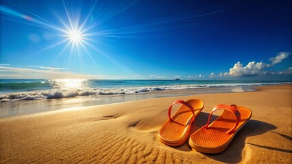 Obraz premium Panoramic Beach Scene: Vibrant Orange Flip Flops on Golden Sand