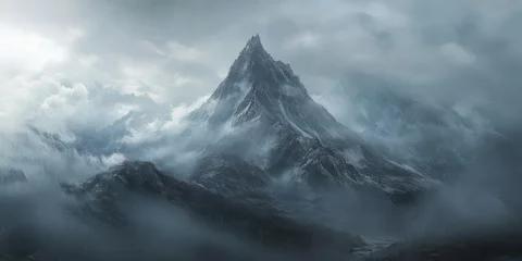 Fototapeten Dramatic landscape featuring a sharp pinnacle within a high mountain range enveloped in low, rainy clouds. This bleak alpine scenery highlights the peaked mountain top against a gloomy, gray sky. © Mehemmed