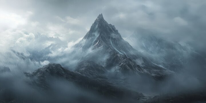 Dramatic landscape featuring a sharp pinnacle within a high mountain range enveloped in low, rainy clouds. This bleak alpine scenery highlights the peaked mountain top against a gloomy, gray sky.