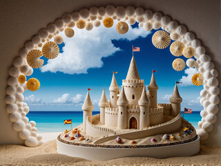 A highly detailed sandcastle, resembling a classic fairytale castle, sits on a circular display on a sandy beach. The sandcastle is meticulously crafted with towers, turrets, flags, and a curved wall.
