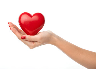 Obraz premium Woman Hand holding red heart, on isolated white 