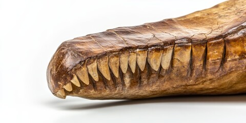 Closeup of a fossilized Tyrannosaur tooth showcasing intricate details against a white background, emphasizing the unique characteristics of this exceptional fossilized Tyrannosaur tooth.