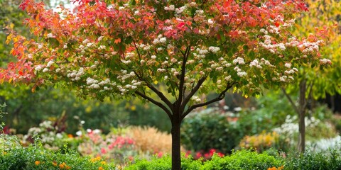 Naklejka premium Stunning tree featuring vibrant green, red, and white leaves, enhancing the beauty of a lovely tree garden, perfect for showcasing the charm of nature s vibrant palette in a garden setting.