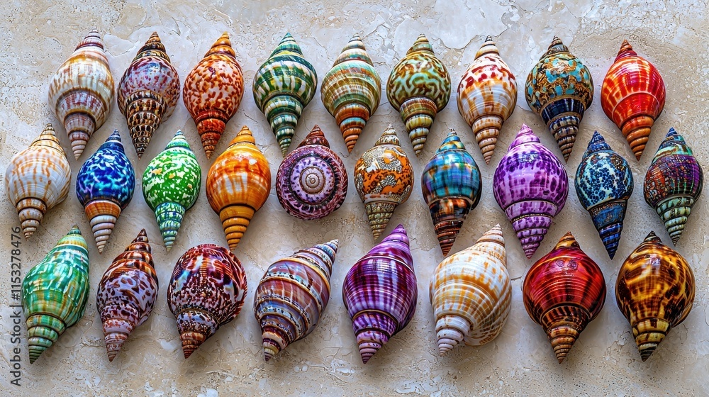 Poster colorful shell collection with unique patterns and textures on a natural background