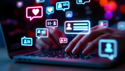 Social Media Engagement on Laptop, Typing on Laptop with Social Media Icons, Online Interaction and Social Media Notifications