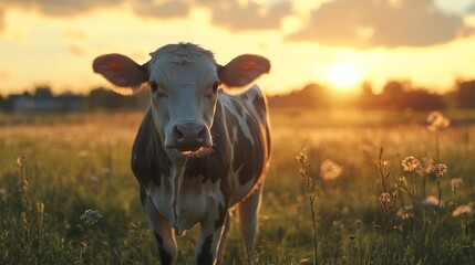 Cow on a farm basking in the warmth of golden hour light, showcasing the serene beauty of nature and the peaceful life of a cow in a farm setting during this magical time of day.