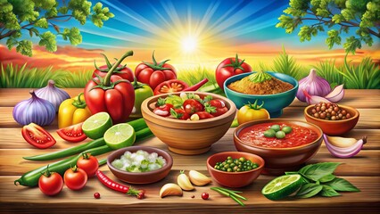 Panoramic Cartoon Vector Illustration of Mexican Salsa Sauce Ingredients