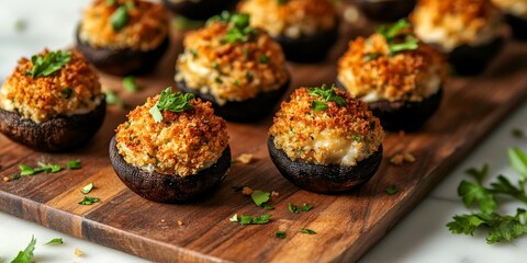 Delicious stuffed mushrooms cups displayed on a wooden board and table. These flavorful stuffed mushrooms cups, featuring breadcrumbs, cheese, and herbs, are prepared for oven cooking.
