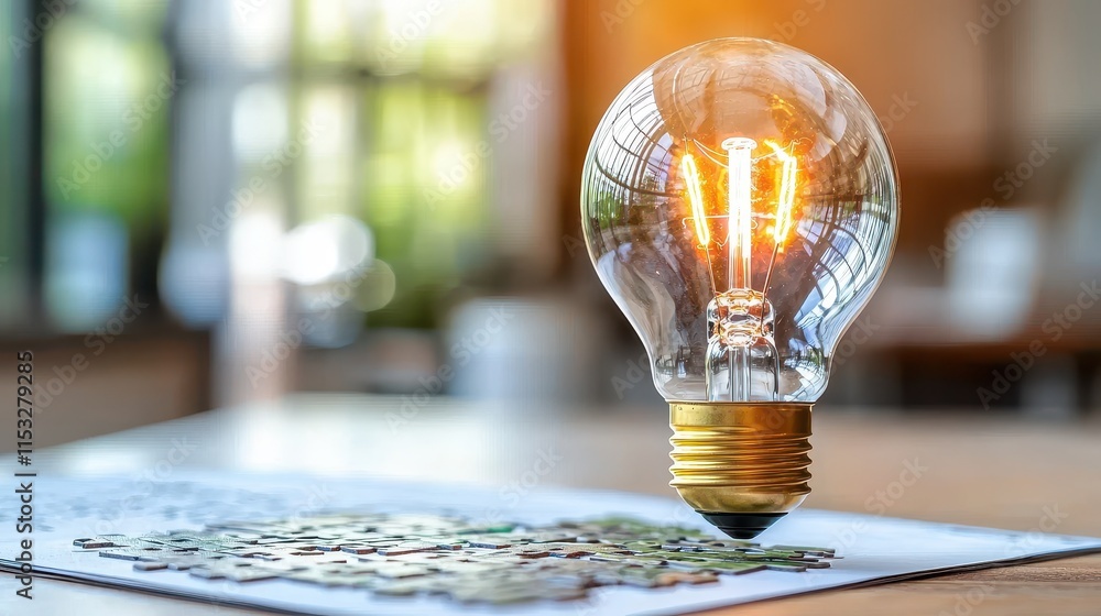 Poster light bulb with glowing filament hovering above colorful puzzle pieces on table