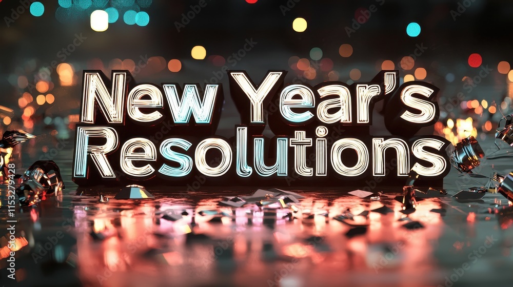 Poster 3d design of new year’s resolutions in bold letters with a sparkling background