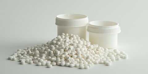A heap of white pills is spread out in front of two closed containers lying sideways, with additional pills scattered among them, showcasing the various pills from the heap.