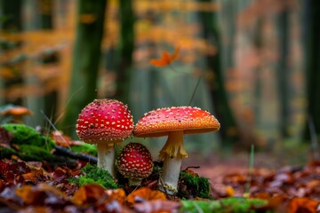 Three red and white fly agaric mushrooms growing on mossy forest floor covered with fallen leaves in autumn