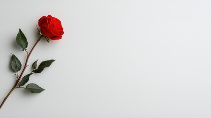 Obraz premium Elegant Red Rose with Green Leaves on Minimalist Light Background for Inspirational Themes