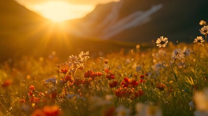 Multiple angles of vibrant wildflowers blooming in Skaftafell National Park, glowing under golden sunlight, in 4K resolution