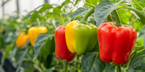 Peppers growing abundantly in a commercial greenhouse environment, showcasing the vibrant colors and healthy production of peppers cultivated in this specialized setting.