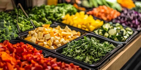 Fresh salad bar featuring a diverse selection of vibrant vegetables, presenting an array of colorful choices for creating personalized salads at the salad bar, perfect for health conscious diners.