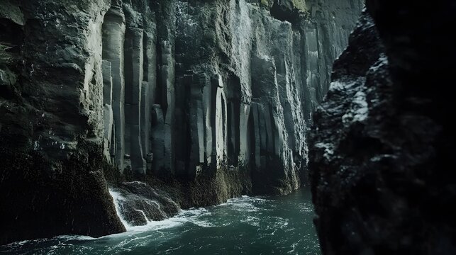 Close-up of dramatic basalt cliffs rising from Pe sea near Reynisdrangar, in 4K resolution