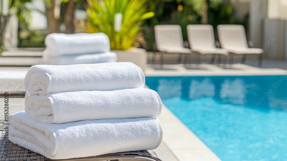 Poster A serene poolside setup with neatly stacked towels and a clean pool with crystal clear water, A sunny outdoor area with comfortable lounge chairs, Minimalist leisure style